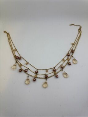 💛 Gold Plated Multi-Strand Necklace with Champagne Drops & Brown Pearls | Glam